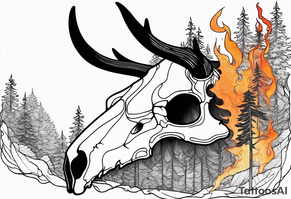 Halloween side view of a DECAYING deer skull JUST BONE surrounded by a forest fire in background tattoo idea