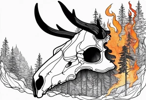 Halloween side view of a DECAYING deer skull JUST BONE surrounded by a forest fire in background tattoo idea