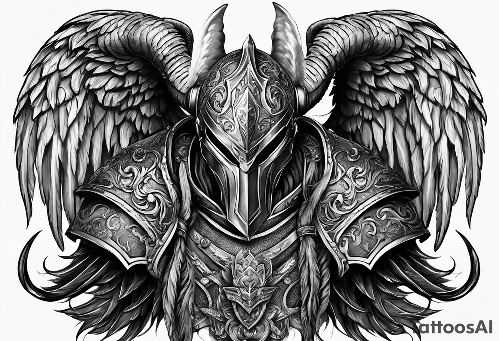 knight figure, ram's horns, angel's wings tattoo idea
