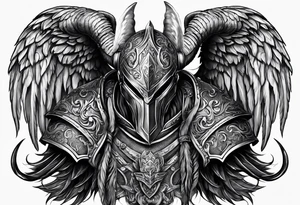 knight figure, ram's horns, angel's wings tattoo idea