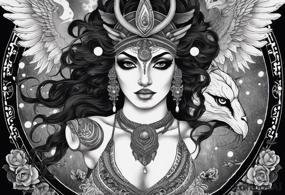 black kali, goddess pirate, alien, angel, pachamama, valkrye, warrior, flying, skull, lotus azul, wing, eagle, zenza resonance, stars, 5D, anahata chakra, death, durga, riding on a tiger, flying lady, kundalini, chest tatoo, samuri, rebel, serpent tattoo idea