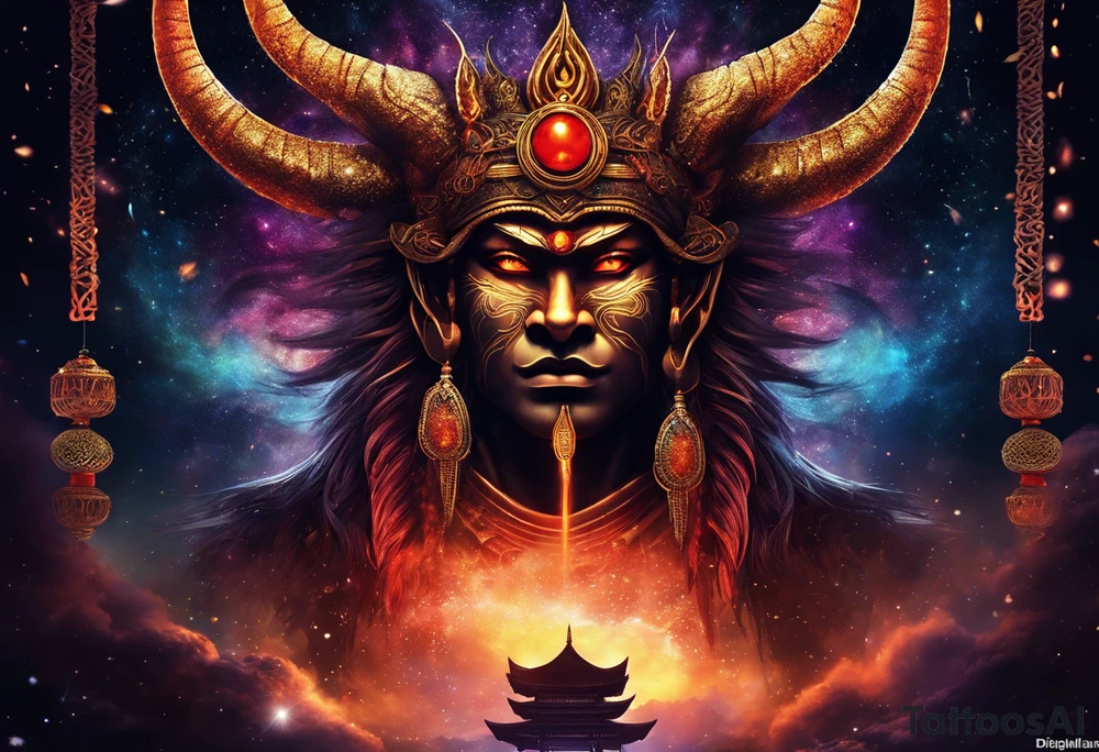 A majestic demon king face with devilish features placed above torii gate is showcased in this realism image depicting keertimukh. The king's deep-set glowing galaxy-styled large eyes give off an aura of power and mystery. The king's head is acting as dreamcatcher and has braids styled like predator, with 2-3 ending with flame-styled feathers. The king's face is intricately dotted in narsimha/ rudra symbols. The head has a crown shaped blue and orangish flames with intricate and prominent koru maori symbols in the shape of trishul/ trident. The image is filled with vibrant colors, with lot of deep blue, deep purple, and violet, with streaks of bright orange and yellow. This face bust (only face) is atop of a torii gate which is in a brush stroke style, somewhat visible. The king looks regal and powerful. tattoo idea