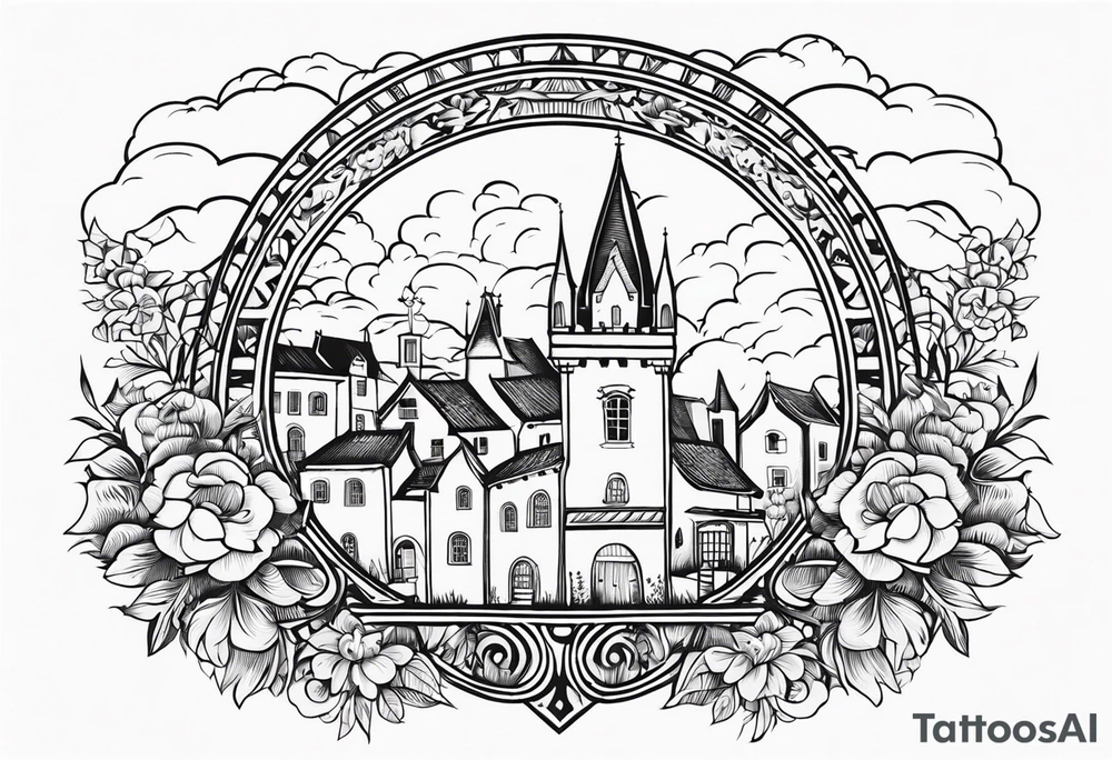 sacred medieval town houses open gate towers garden circle vignette surrounded by clouds floral tattoo idea