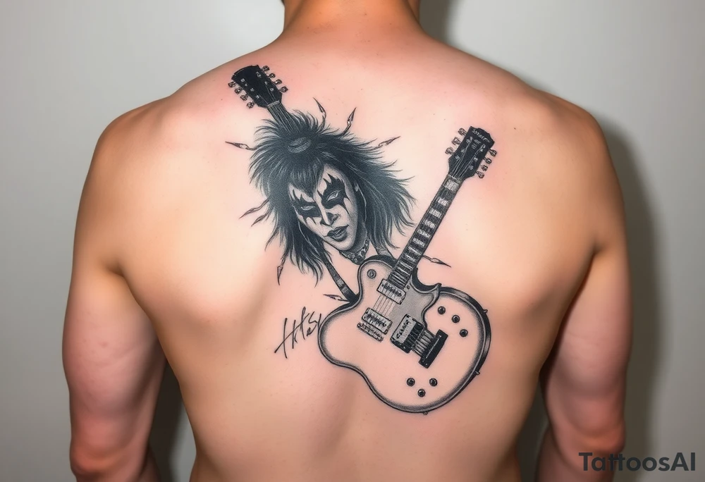 Create art for a tattoo. It will be a sleeve tattoo based on KISS guitarist Ace Frehley and his character designed make up. Abstract. Include his guitar, lightning bolts, his autograph, design of his make up. tattoo idea