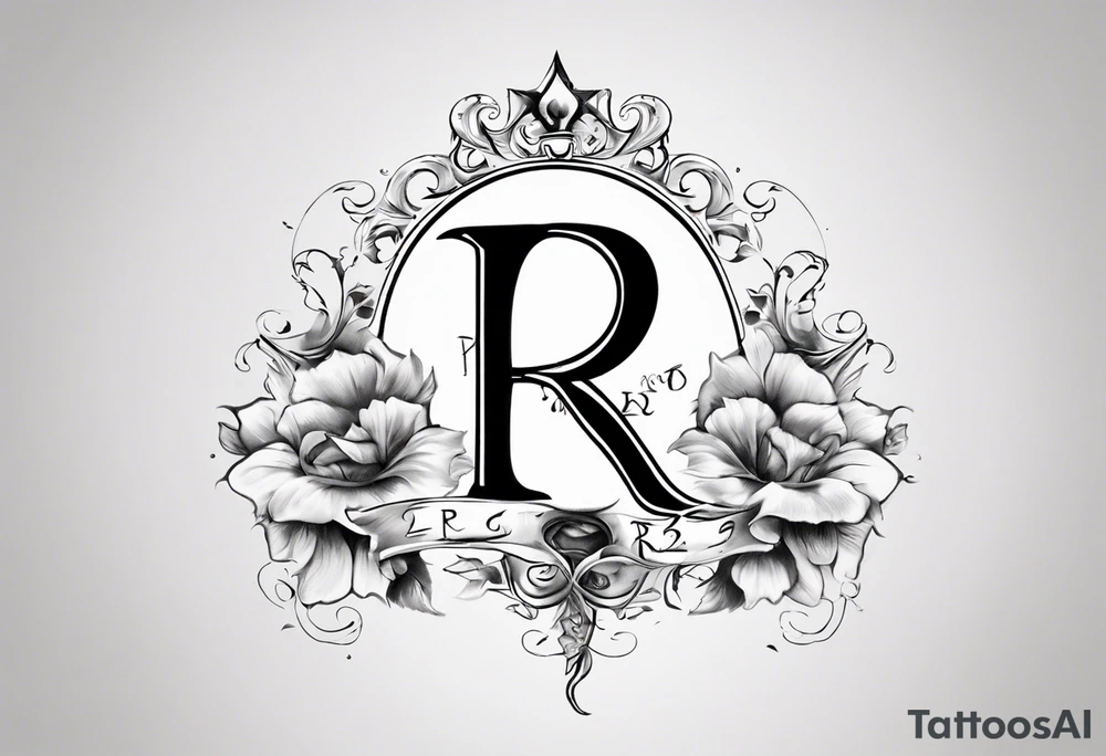 Letter R with date 09.01.23 and time 10:39AM tattoo idea