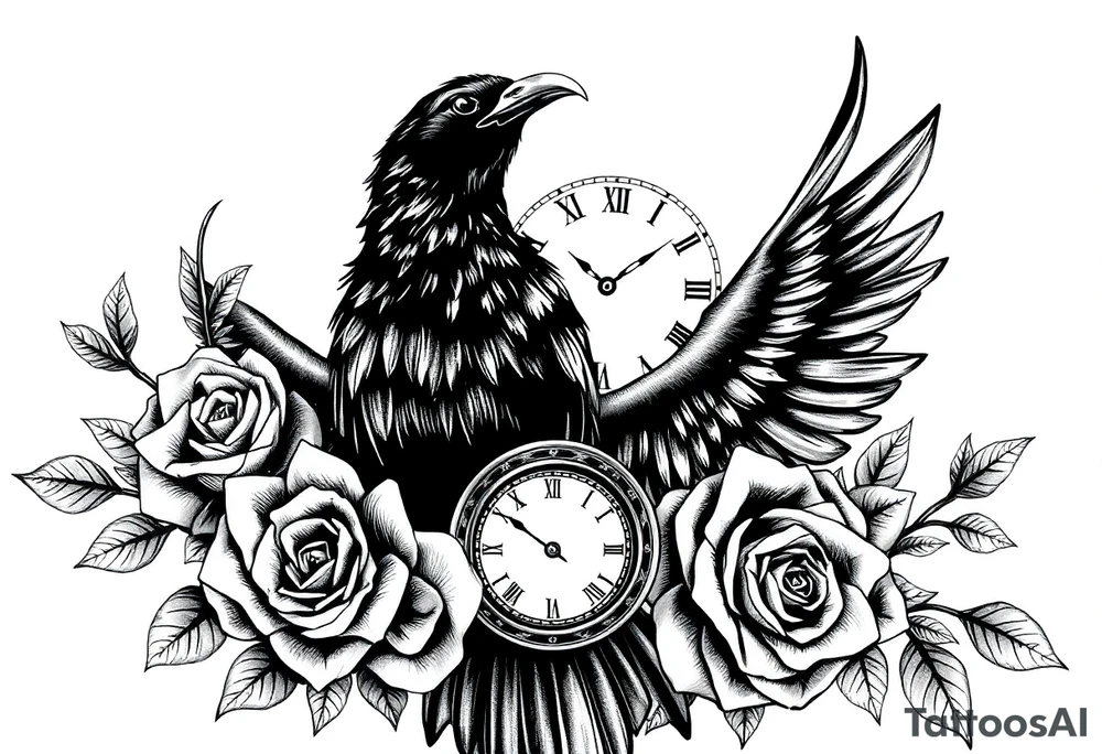 raven,roses,clock. tattoo idea