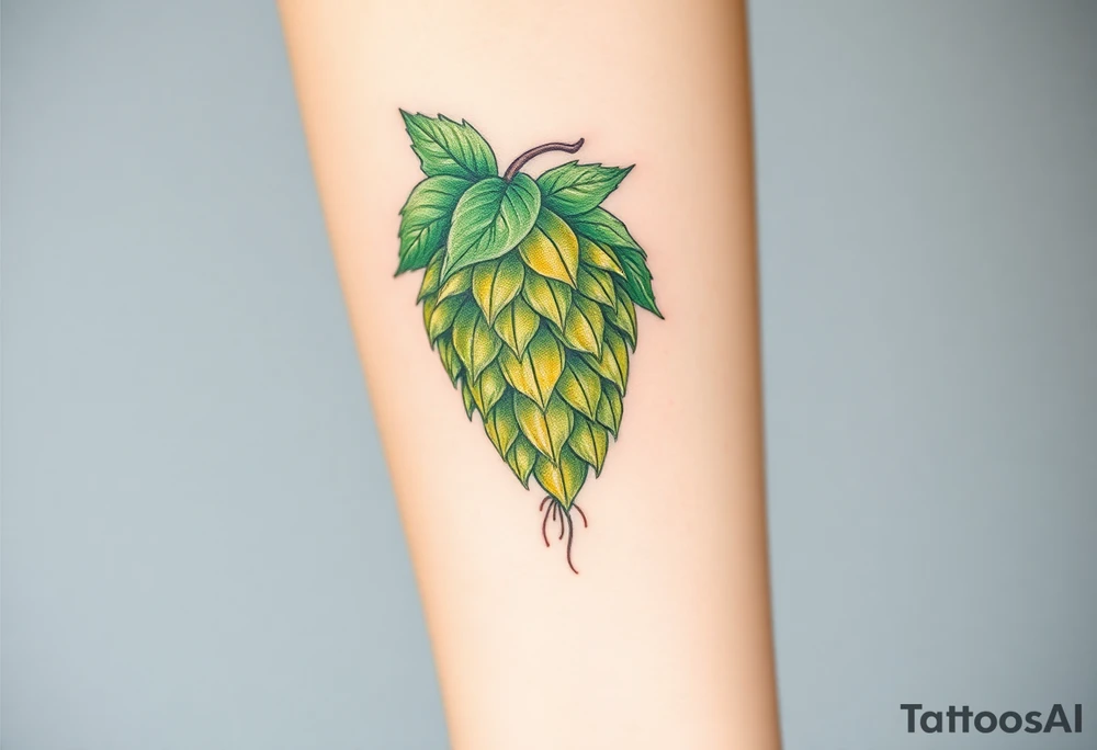 A detailed hop cone with deep green and golden hues, wrapped in barley stalks, symbolizing the essence of brewing tattoo idea