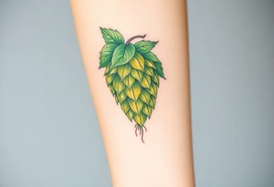 A detailed hop cone with deep green and golden hues, wrapped in barley stalks, symbolizing the essence of brewing tattoo idea