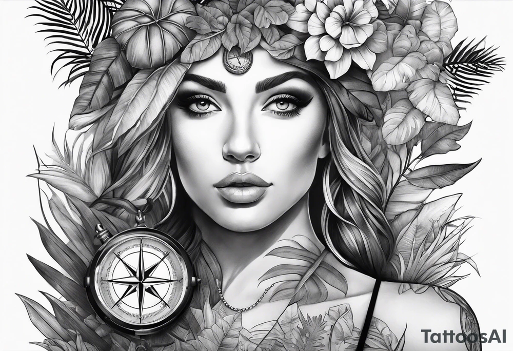 full arm sleeve tattoo with jungle plants, compass, eye tattoo idea