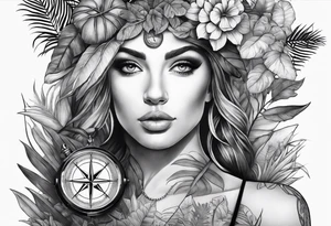 full arm sleeve tattoo with jungle plants, compass, eye tattoo idea