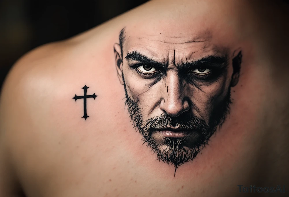 A black ink cross under a man's left eye, detailed with shadows on man face under a man’s right eye. tattoo idea