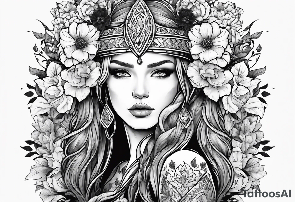 Viking girl, flowers, tattoo idea