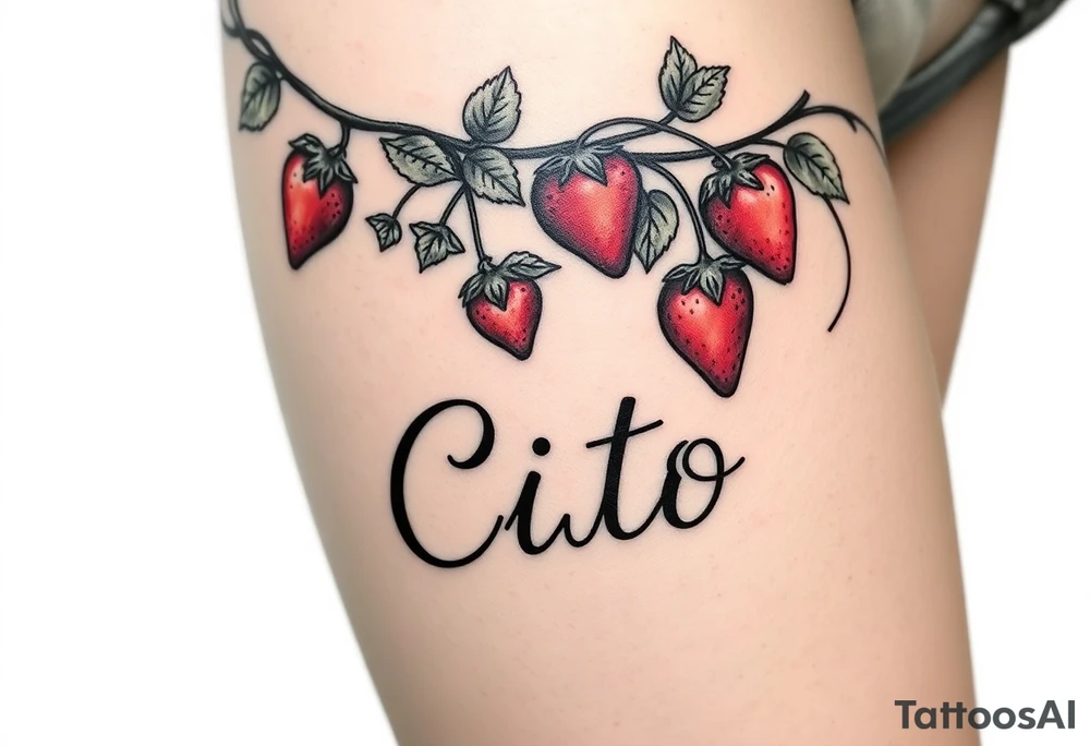 This will be placed going down my thigh.. Make a vine with detail that has strawberries hanging from it some of them should look like they’re dripping chocolate and the last strawberry should look like it has a bite taken out of it the ending of the vine should spell out the name Cito but make it look like a vine with detail it should resemble cursive but keep it looking like it’s written in vine the name should be rotated right going down tattoo idea