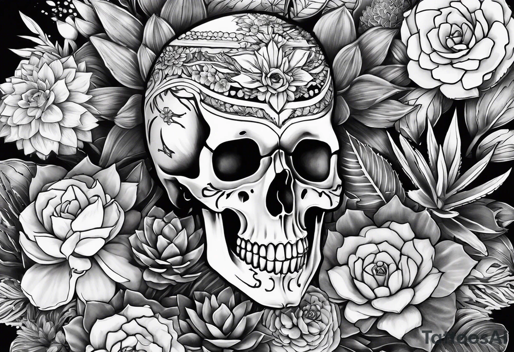 A full skeleton as a statue, surrounded by succulents tattoo idea