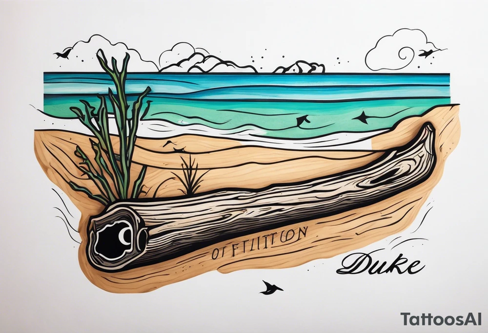 piece of driftwood underwater with duke written in the wood tattoo idea