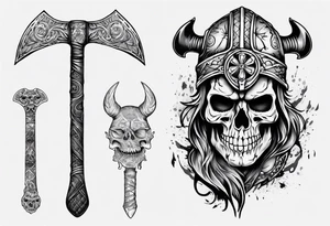 viking axe with crow and sugar skull tattoo idea