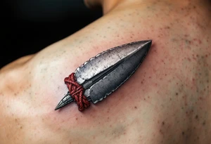 A hand-carved flint arrowhead in gray with red cord wrapping, symbolizing strength and survival tattoo idea
