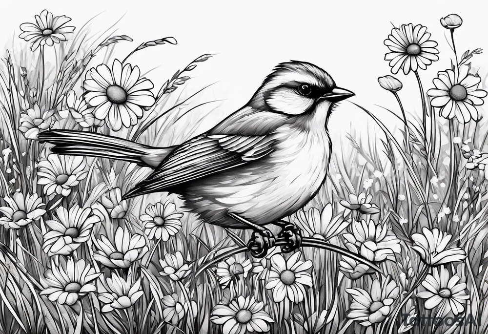 Little bird out perched on a field of grass and daisys tattoo idea
