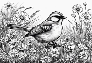 Little bird out perched on a field of grass and daisys tattoo idea