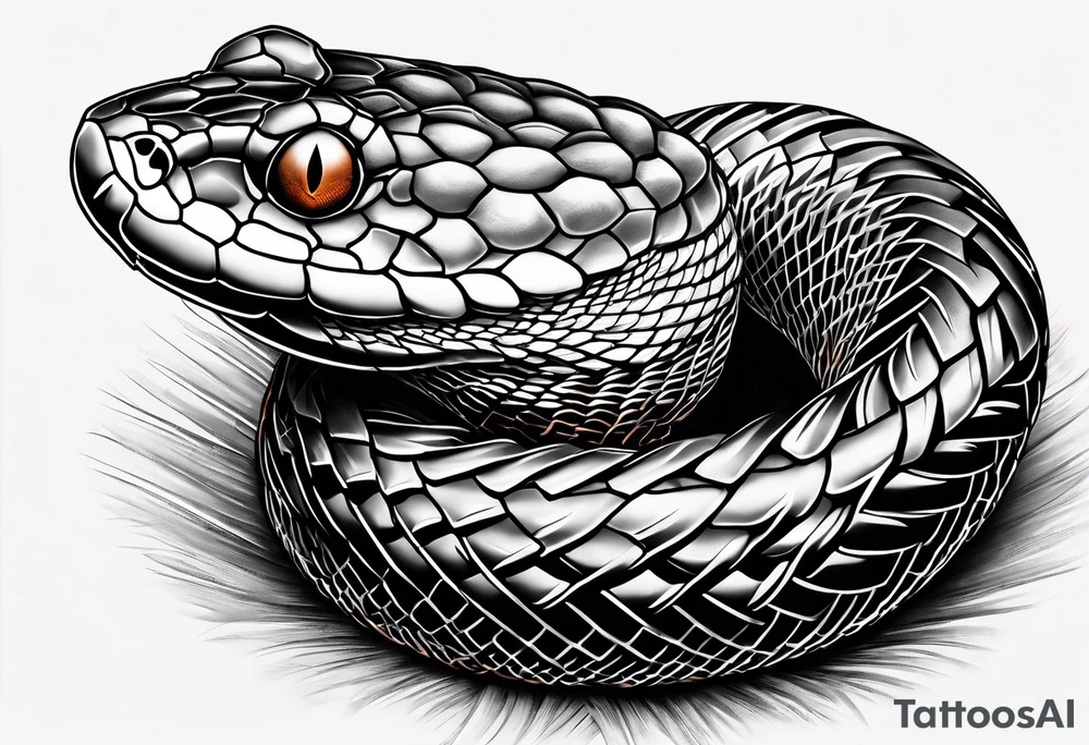 Copperhead coiled up with head turned up and mouth open and copper colored eyes tattoo idea