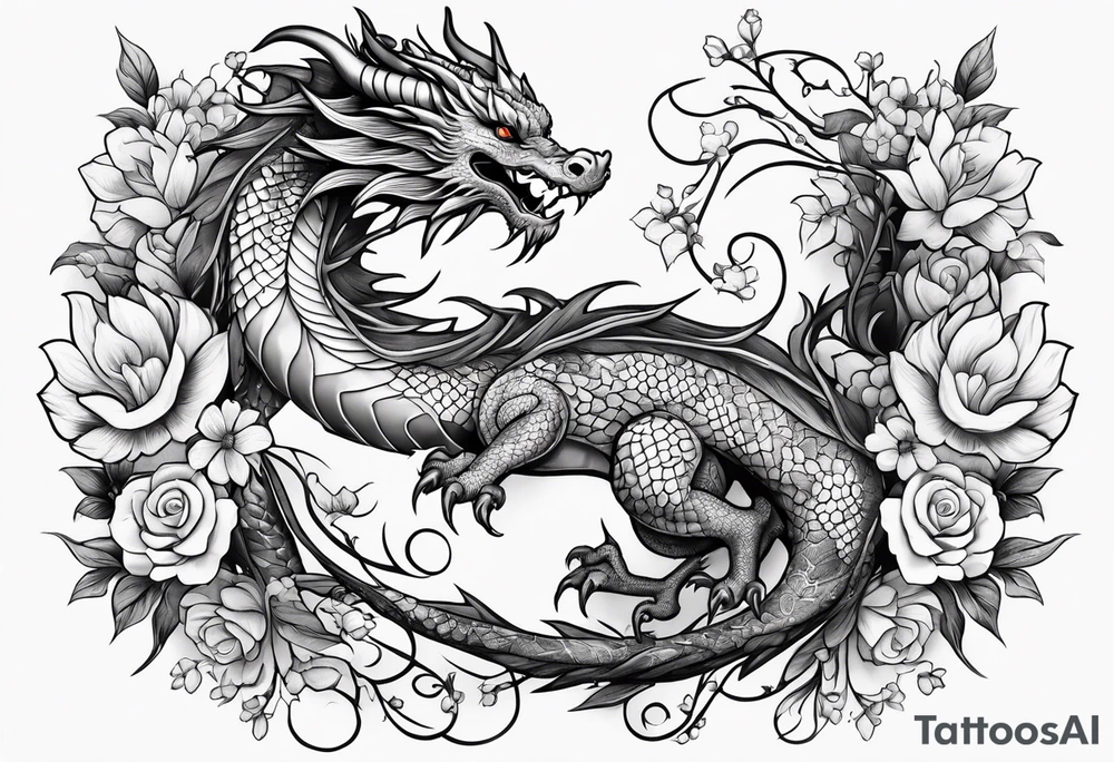 Feminine dragon on forearm with vines and flowers tattoo idea
