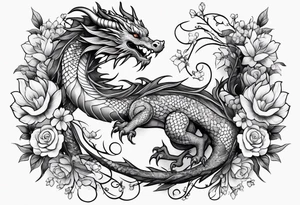 Feminine dragon on forearm with vines and flowers tattoo idea