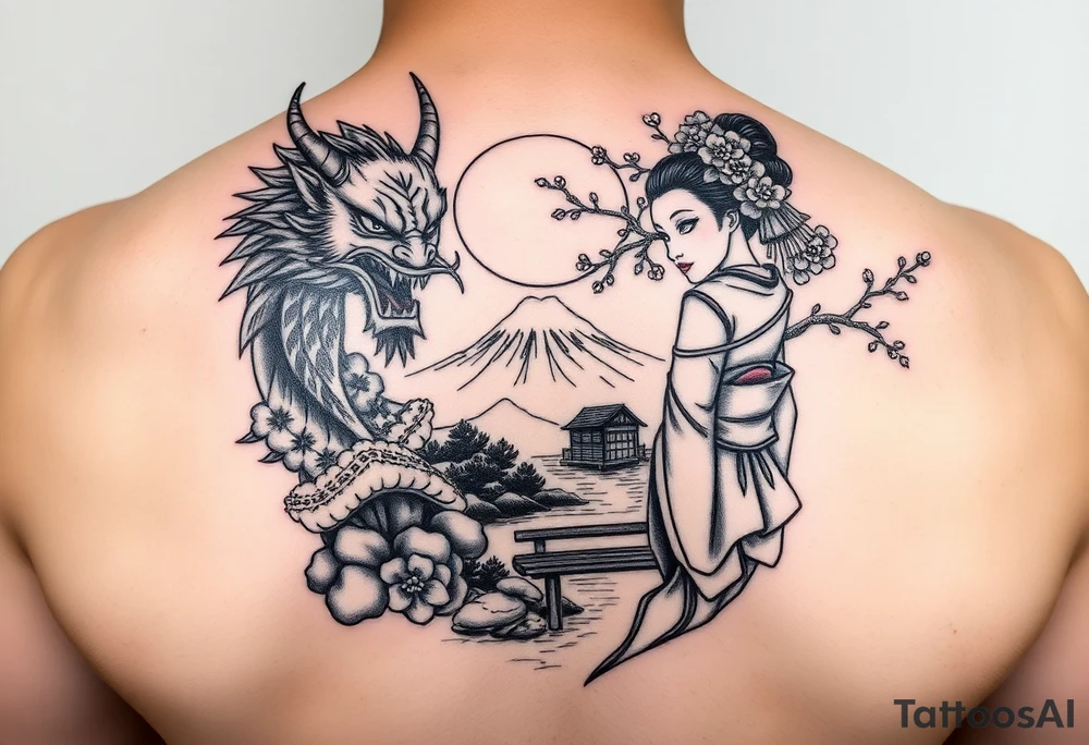 Fierce Japanese demon and geisha with cherry blossom tree river and stone bench mt fuji tattoo idea