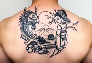Fierce Japanese demon and geisha with cherry blossom tree river and stone bench mt fuji tattoo idea