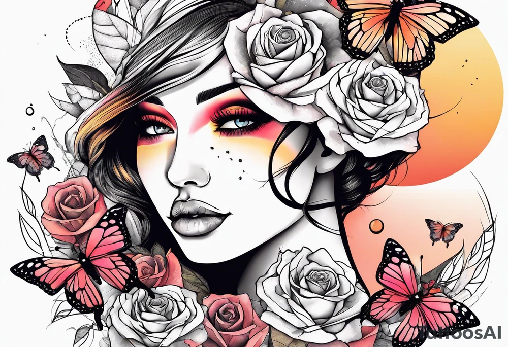 Sunset, rose, butterflies, dragonflies, woman half face with tears tattoo idea
