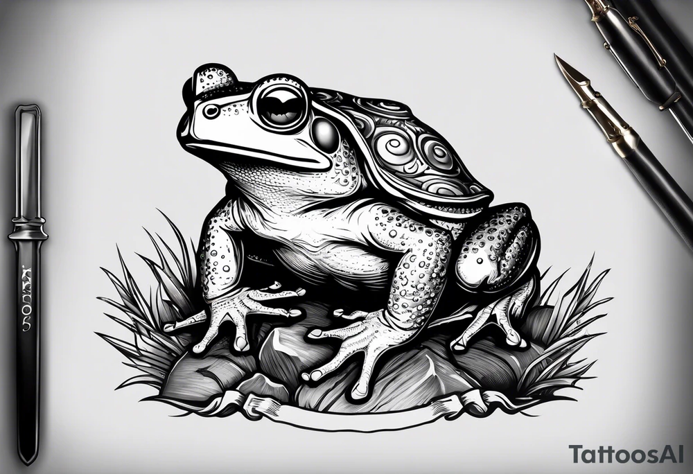 toad with sword; sword s¡is pointing down(sword stuck in the ground) as if the toad was standing; no clothes tattoo idea