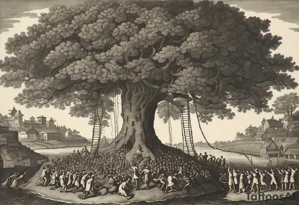 utopia picture of a tree at one level where above the surface is a group of people living in prosperity surrounding a tree. Below the surface the roots of the tree go down and turn into ropes and people are climbing these ropes to try and reach the above the surface. below the people climbing the ropes is hell, wih depicting of war slavery and death. going back to the top, above the tree is a perfection or heaven / nirvana. . include alchemical and occult symbols to depict this journey to enlightenment like religious or astrolligcal symblol. make it a full body tattoo stencil where the top of the tree would be at the chest and the ropes at the legs. tattoo idea