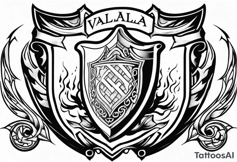 Valhalla shield sword stairs fire tattoo idea