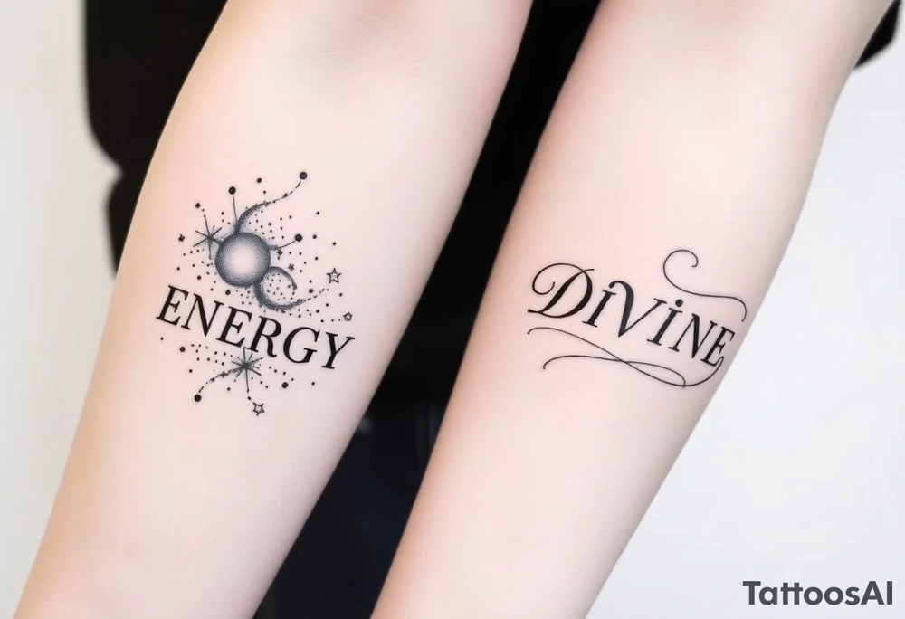 Two minimalist blackwork dotwork tattoos featuring the word ‘ENERGY’ on the left arm, balancing with ‘DIVINE’ on the right arm. Surrounding ‘ENERGY’ is a nebula or cosmic wind or stardust or a comet, designed with intricate dot shading and fine linework. The tattoo is realistic yet subtle, creating a cosmic, ethereal feel while keeping a clean, minimalist aesthetic. The elements flow naturally, complementing the shape of the arm without overpowering the text. tattoo idea