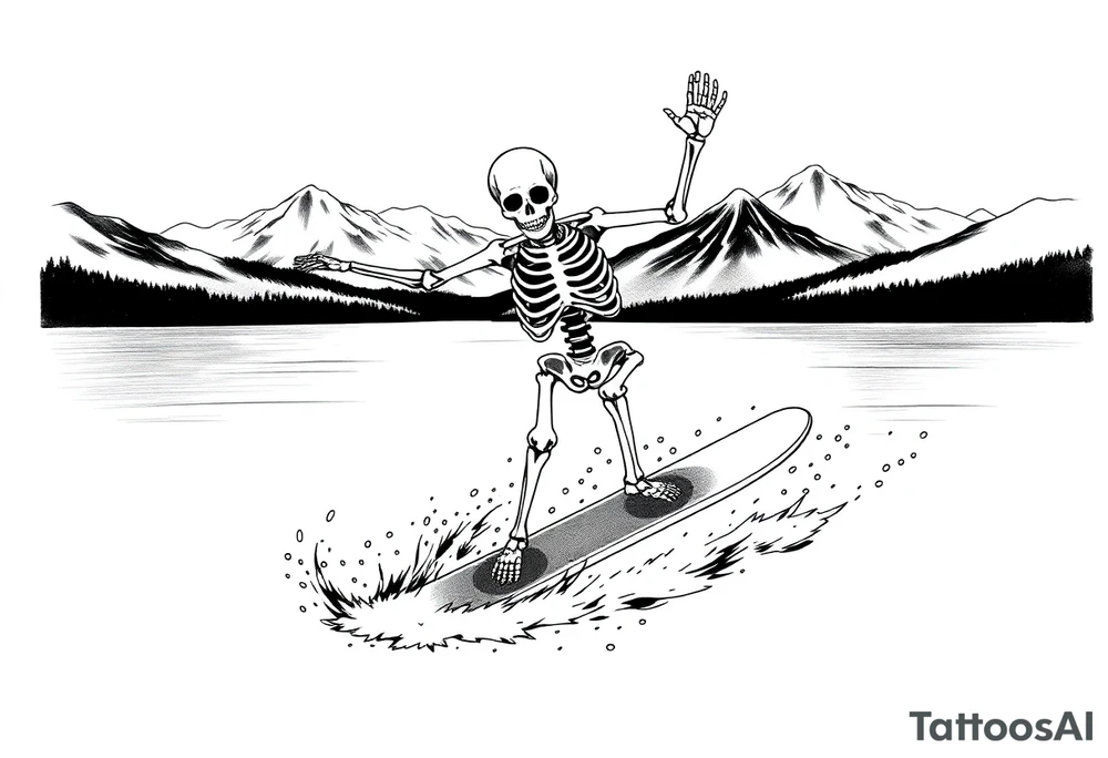 skeleton wakeboarding on lake, holding onto wakeboard handle with one han, other hand in the air, 
mountains in the background tattoo idea