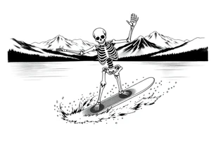 skeleton wakeboarding on lake, holding onto wakeboard handle with one han, other hand in the air, 
mountains in the background tattoo idea