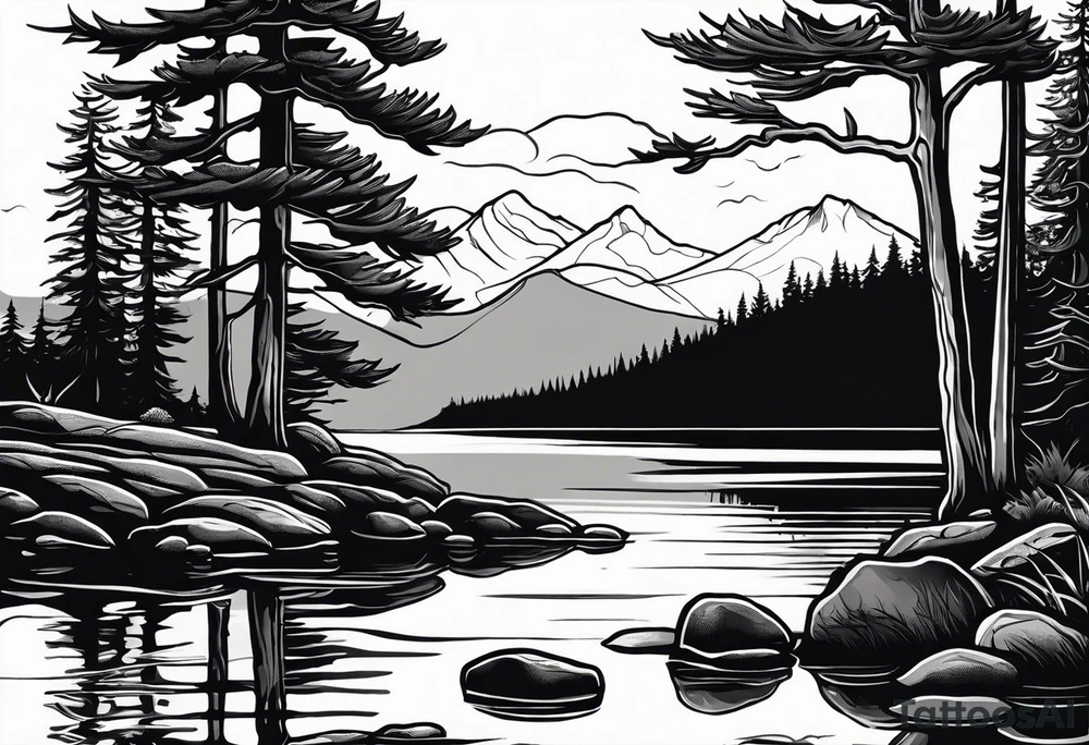 shoulder/upper arm design. pebble beach on a lakefront with a lake surrounded by tall trees and a mountain backdrop. Has reflections across the lakewater tattoo idea