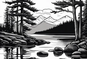 shoulder/upper arm design. pebble beach on a lakefront with a lake surrounded by tall trees and a mountain backdrop. Has reflections across the lakewater tattoo idea