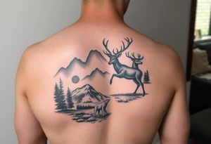 Quarter sleeve arm tattoo Black and grey realism Nature scene with two stags fighting in the foreground include mountains water and trees tattoo idea