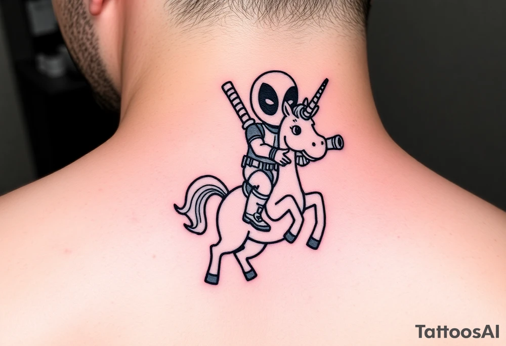 Deadpool riding cartoon unicorn holding rocket propelled grenade launcher tattoo idea