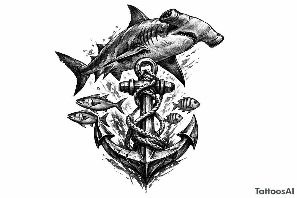 a hammerhead-shark, under it an anchor,fishes. tattoo idea