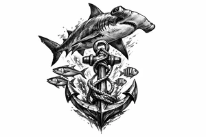 a hammerhead-shark, under it an anchor,fishes. tattoo idea