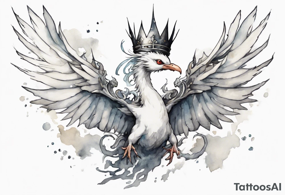 a white bird-wyrm hybrid, wearing a pewter crown on its head, flying in the air tattoo idea