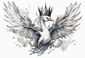 a white bird-wyrm hybrid, wearing a pewter crown on its head, flying in the air tattoo idea