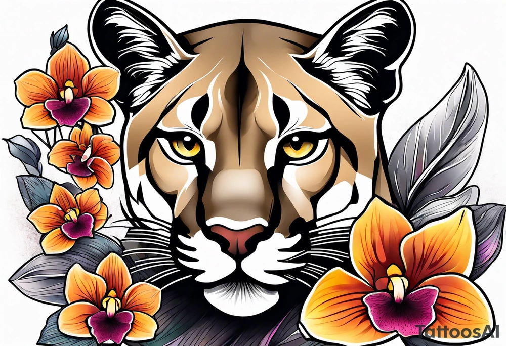 Mountain lion with orchids tattoo idea