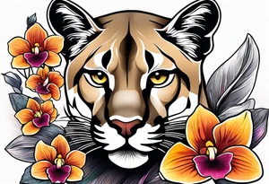 Mountain lion with orchids tattoo idea