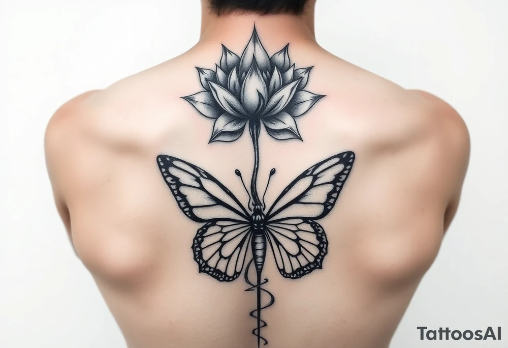 Elegant spine tattoo with lotus flower and butterfly with cracked wings mid back down tattoo idea