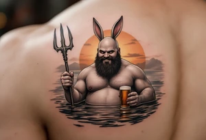 young, happy, fat, balding, poseidon in calm water, holding a trident, drinking a beer, with sunset, with ski boat, with bunny ears tattoo idea