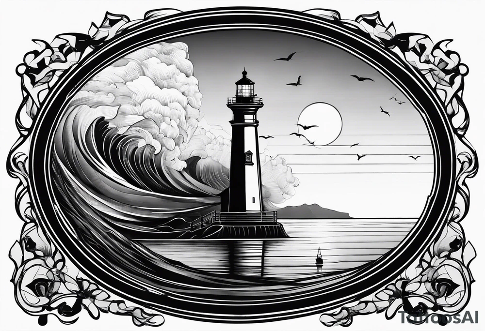 maritime lighthouse partially hidden by its large fixed sail. calm sea reflection. tattoo idea