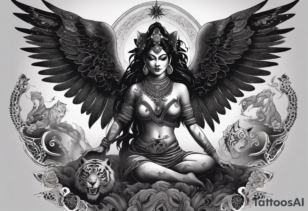 black kali, goddess pirate, alien, angel, pachamama, valkrye, warrior, flying, skull, lotus azul, wing, eagle, zenza resonance, stars, 5D, anahata chakra, death, durga, riding on a tiger, flying lady, kundalini, chest tatoo, samuri, rebel,serpent tattoo idea