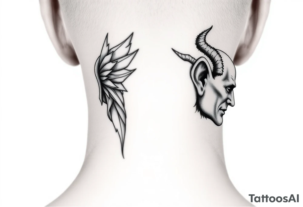 position behind the neck Angel (on the right) whispering in the right ear, demon (on the left) whispering in the left ear. It must be as realistic as possible. tattoo idea